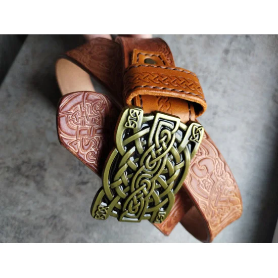 Skórzany pas do spodni brązowy Celtic Style celtycka plecionka