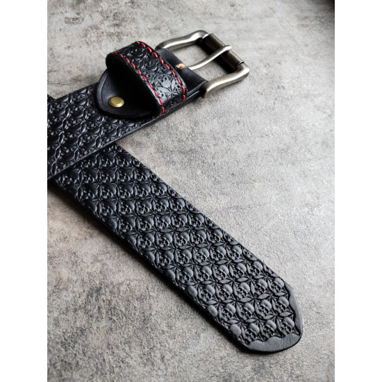 Skórzany pas do spodni czarny Skulls - czaszki ręcznie wykonany