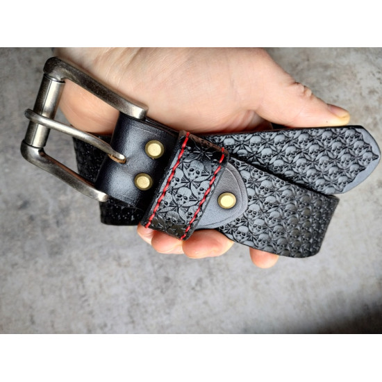 Skórzany pas do spodni czarny Skulls - czaszki ręcznie wykonany